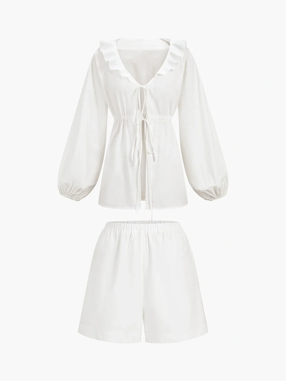 Commense White Ruffled V-Neck Drawstring Blouse Set - Picture 1 of 8